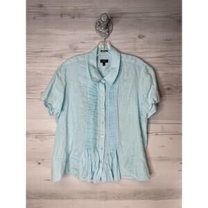 Talbots Shirt Womens 1X Petite Light Blue Irish Linen Pintuck Button Front Top